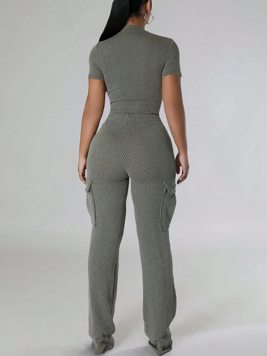Women's Ribbed Knit Two-Piece Tracksuit - Short Sleeve Crop Top & High-Waisted Wide Leg Pants (Crewneck/Elastic Waist)