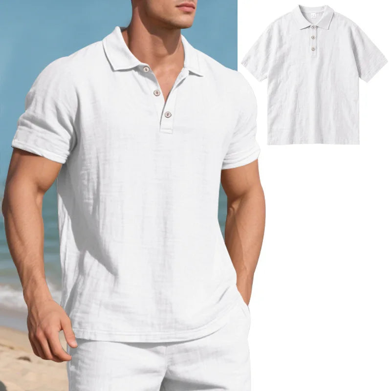 Men s Casual Short Sleeve Linen Shirt with Lapel Collar and Button Detail - Lightweight Summer Top for a Stylish Look