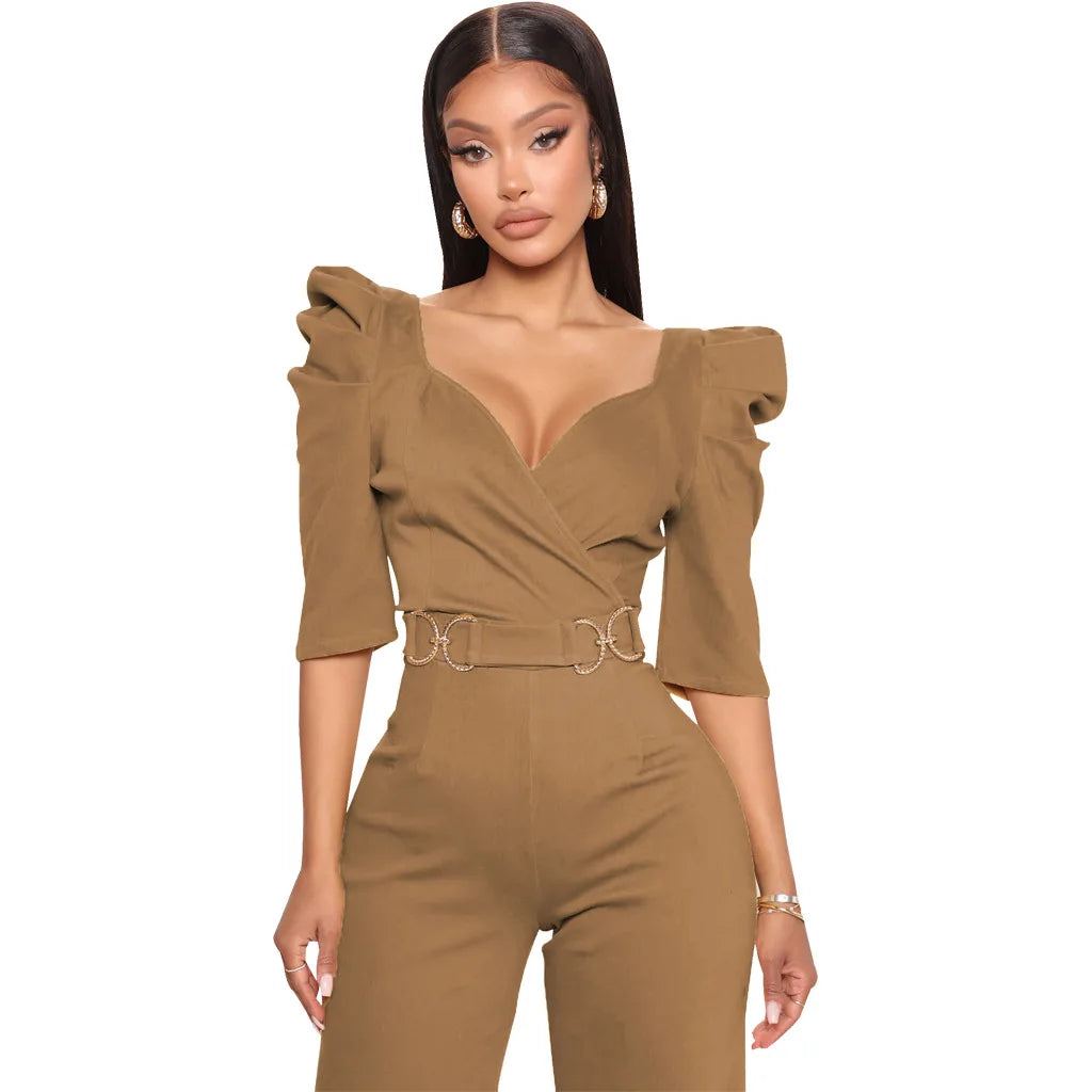 Sexy fashion solid color seven-quarter sleeve V-neck women's jumpsuit SMR10805