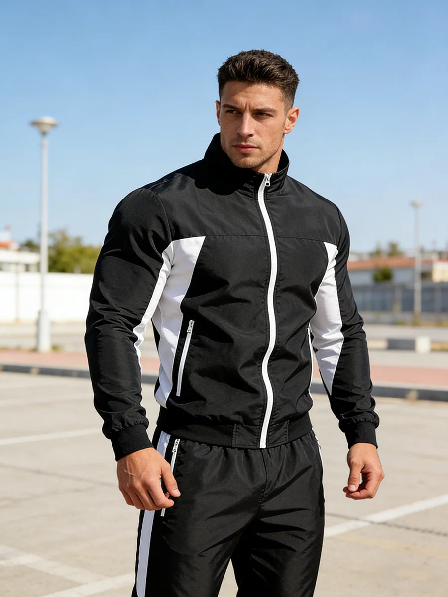 Men's Casual Sports Suit Creative Triangle Print Zipper Jacket With Trousers Summer Fitness Cycling Outdoor And Commute Suit