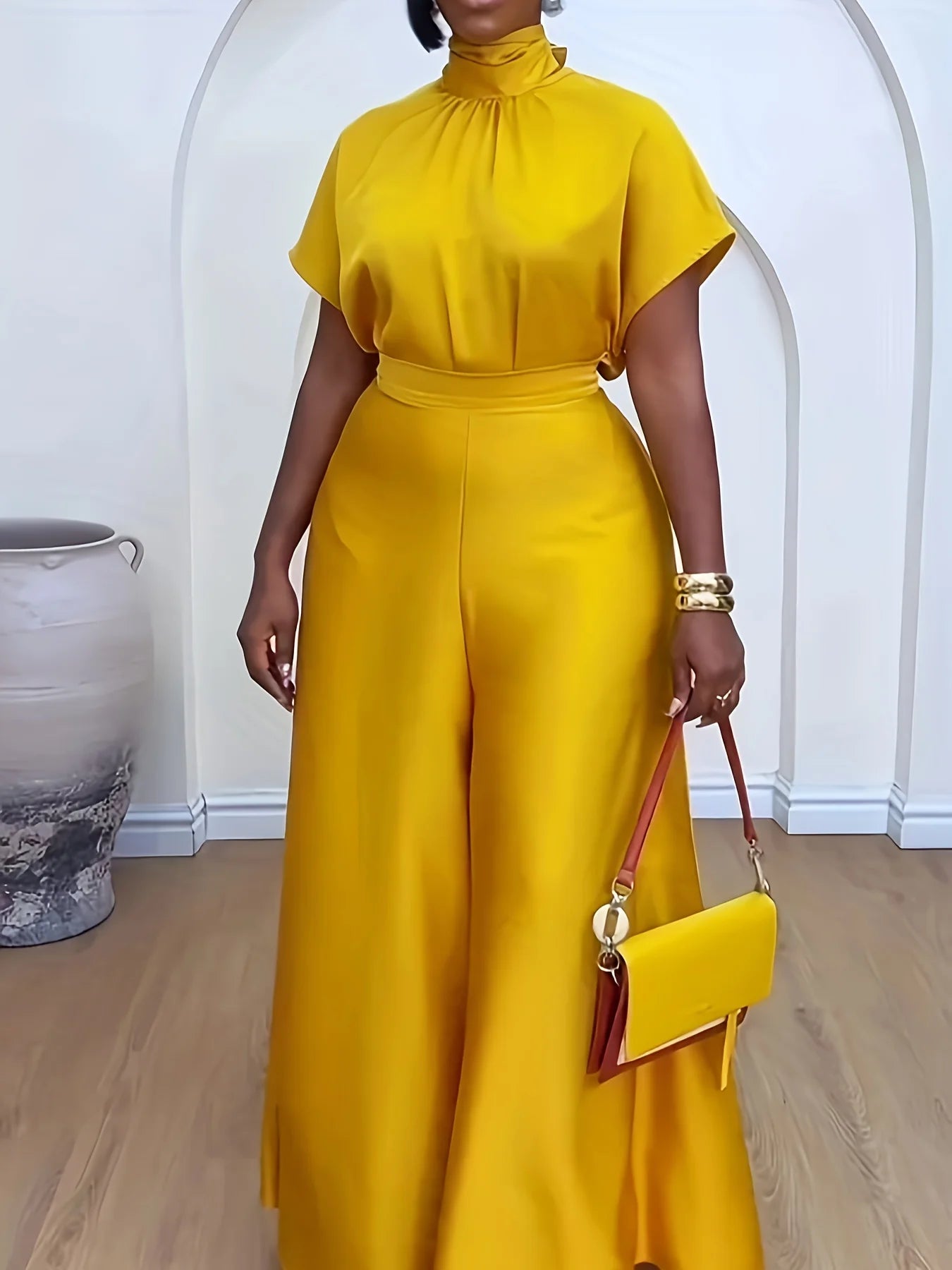 Yellow Turtleneck Short-sleeved Knotted Top with Wide-leg Pants Vacation Two-piece Trousers Suit