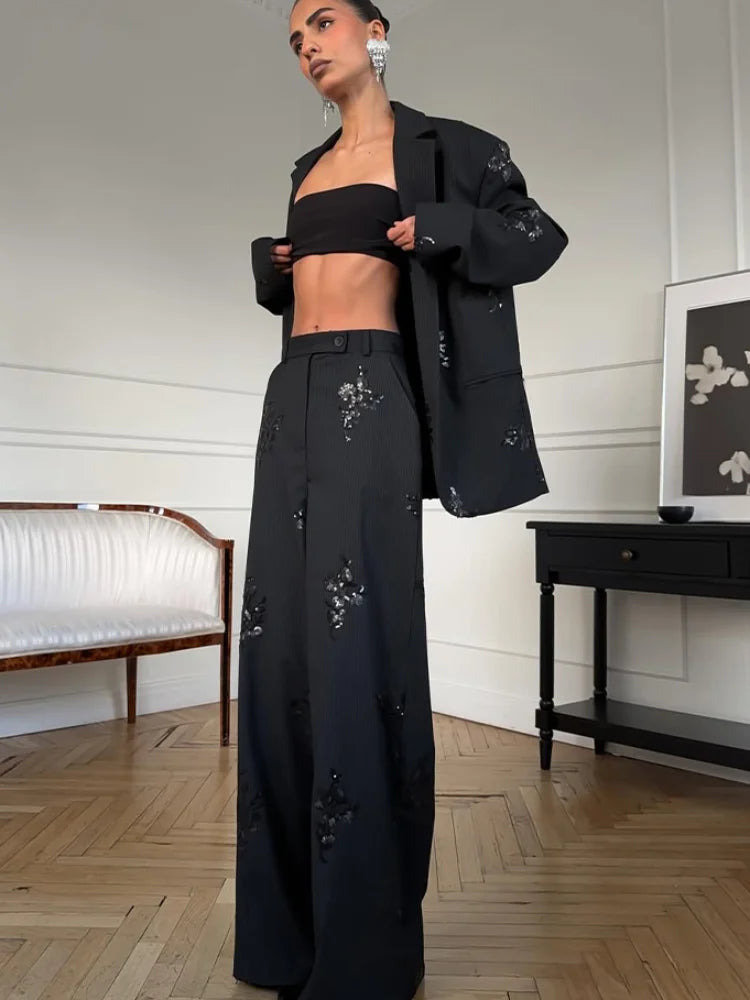 Women Black Floral Print Sequin Embroidery Two-piece Pant Suit Oversized Blazer Wide Leg Pants Formal Evening Matching Outfit
