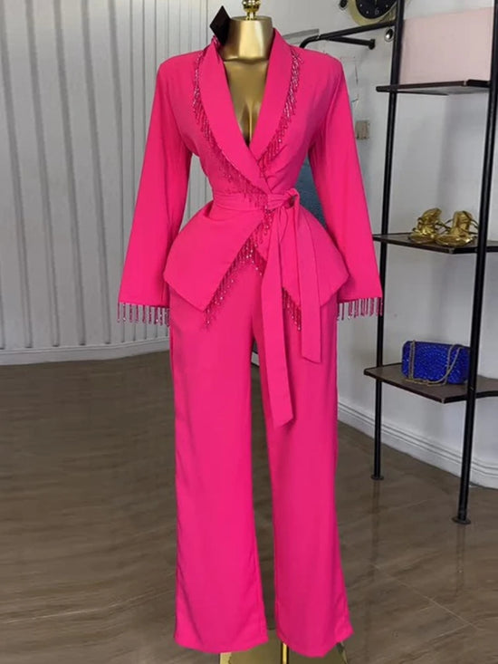 Two Piece Sets Women Outfits Statement Pant Set with Fringe Details Ideal for Birthday Dinners Evening Parties and Formal Events
