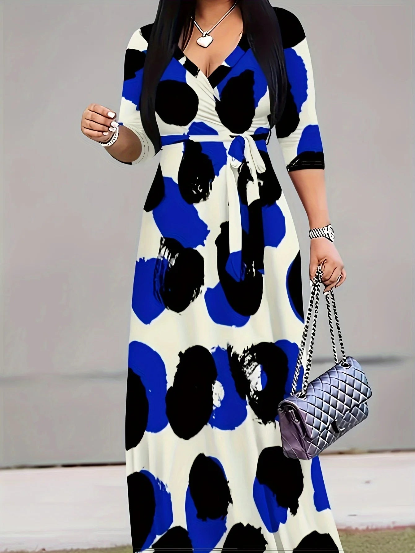Casual Graphic Print V Neck Half Sleeve Floor Length Belted Maxi Resort Dress