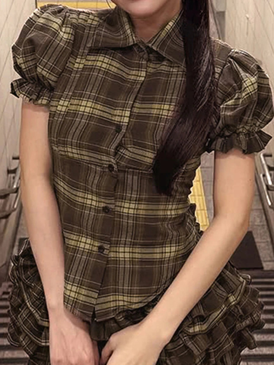 Ladies Plaid Patterned Blouses with Puff Sleeves and Lapel Collar  Fit Summer Tops for a Stylish Look