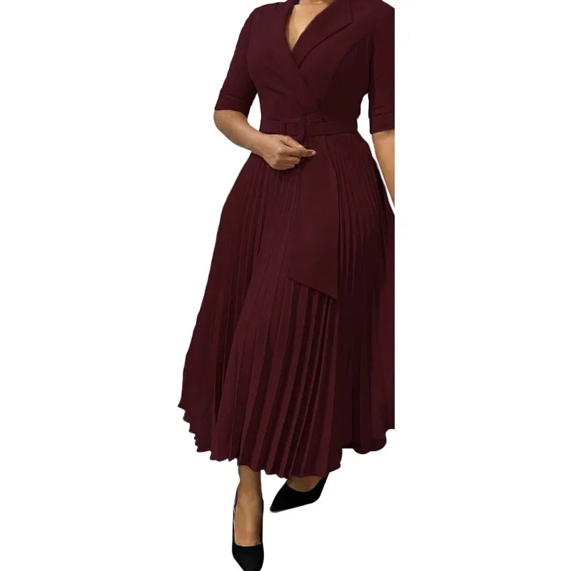 Elegant Office Dresses Pleated for Woman Notched Collar Half Sleeve Belt Waisted Mid Calf Professional Afircan Business New Robe