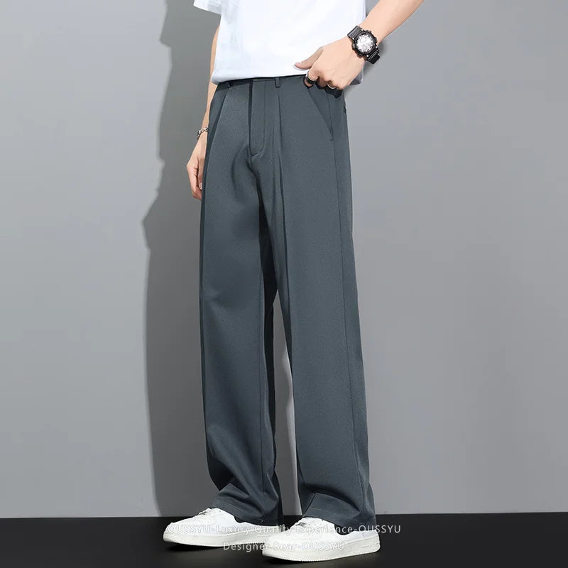 2026 Autumn Winter Korean Style Men's Loose Straight Draping Casual Pants Slacks Khaki Dark Gray Office Work Formal Trousers Man