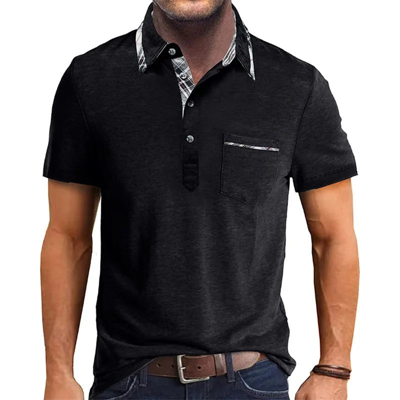 Men Short Sleeve T-Shirts Contrast Plaid Turn-Down Collar Buttons Business Casual Tops Summer Fashion  Fit Shirts