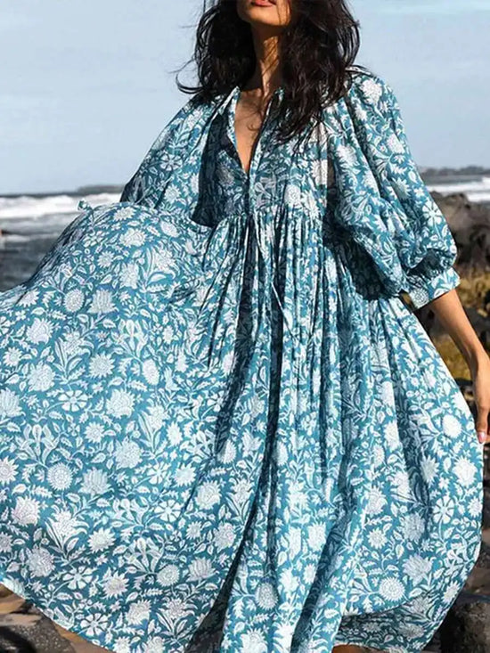 Women Plus Size Boho Floral Print Lantern Sleeve Long Loose Vacation Dress For Summer
