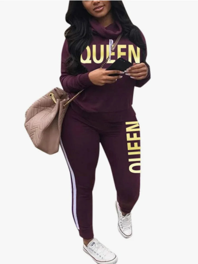 Womens Casual 2 Piece Tracksuit Outfits Lip Print Pattern Long Sleeve Pullover Pants Set