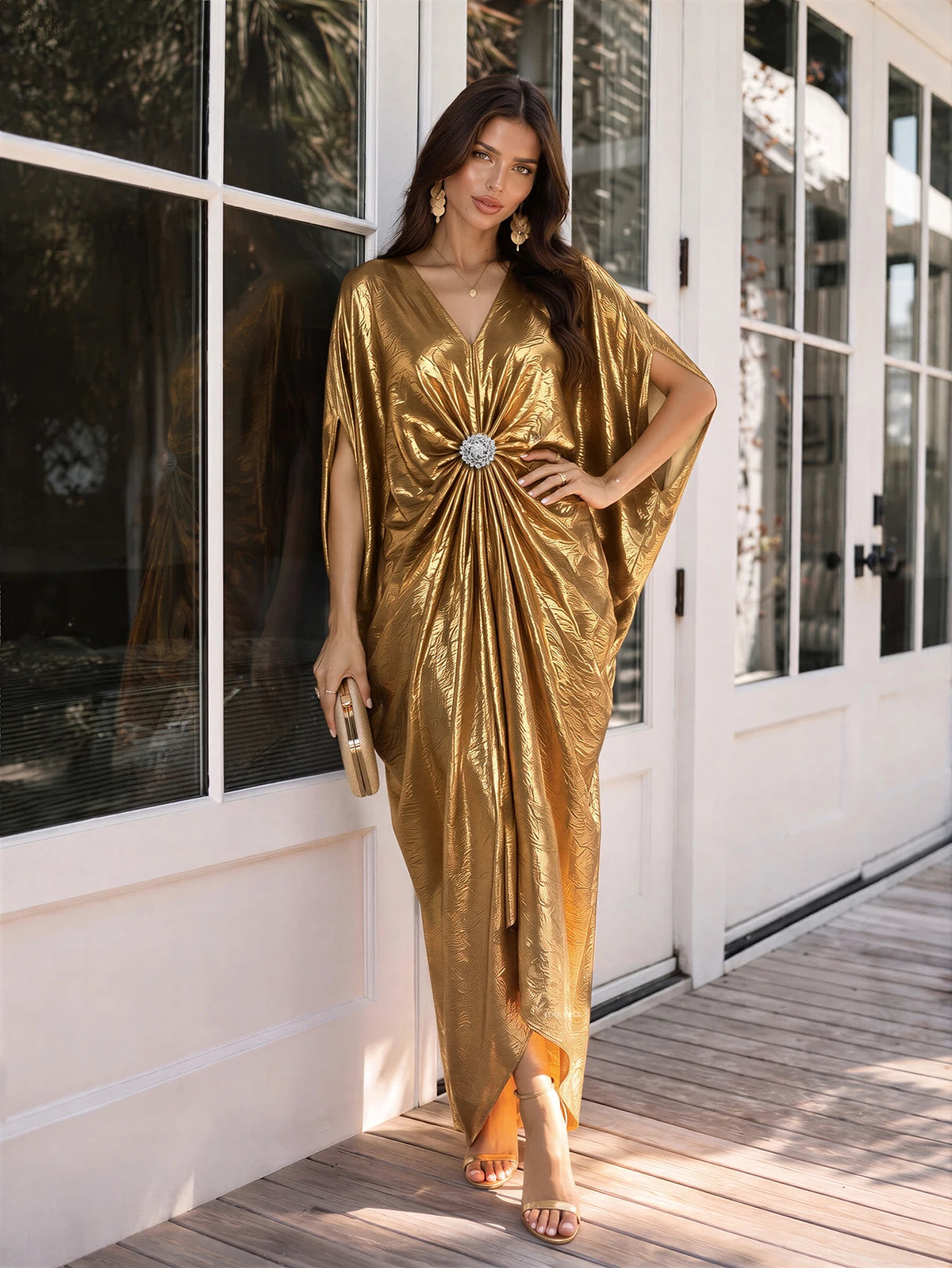 Women Gold Kaftan Dress V Neck Batwing Sleeve Rhinestone Twist Front Maxi Caftan Coverup for Wedding Party Evening K409