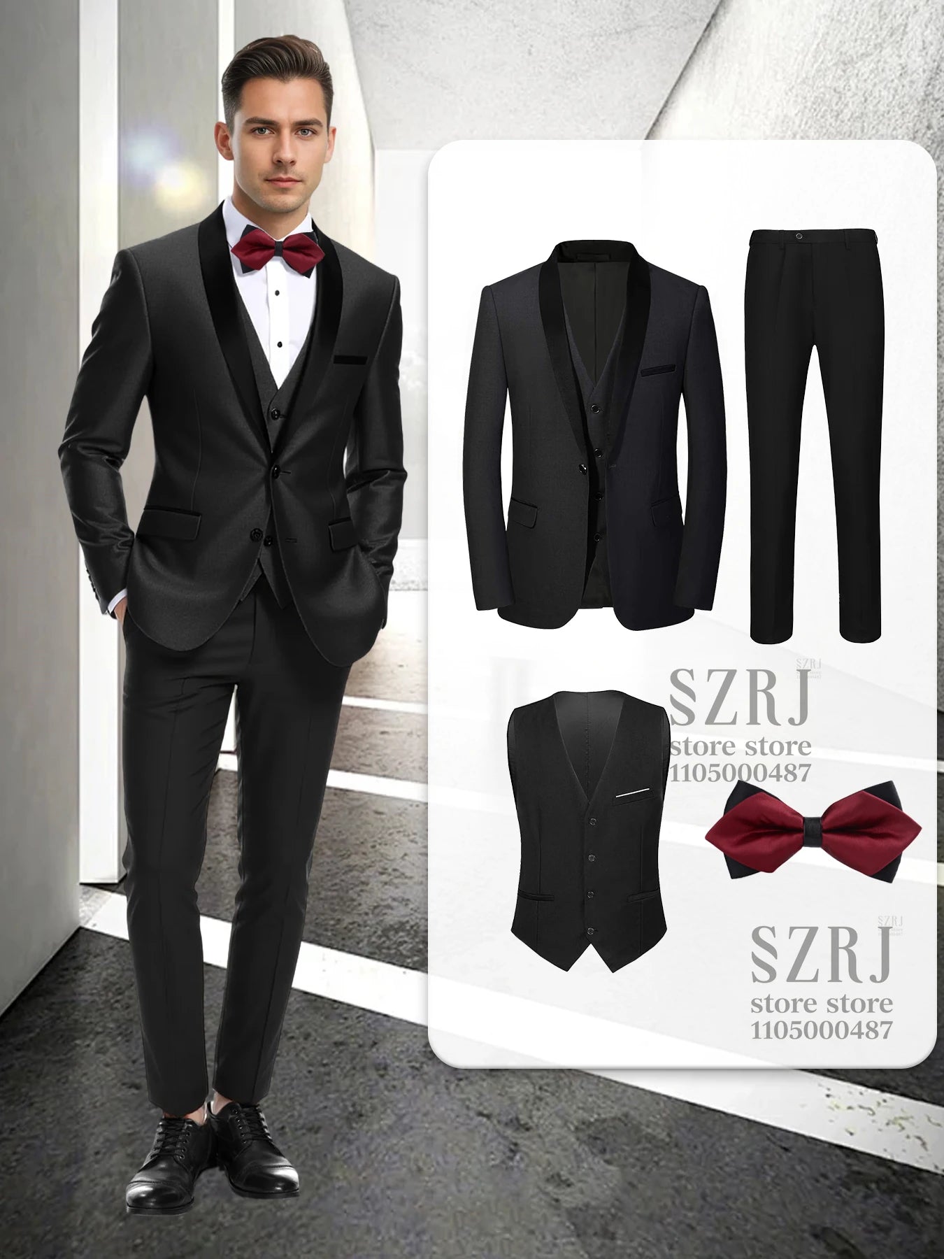 Men's 4-Piece Formal Suit: Jacket + Vest + Pants + Bow Tie, Shawl Collar, 1-Button, Flap Pockets, Wedding/Party