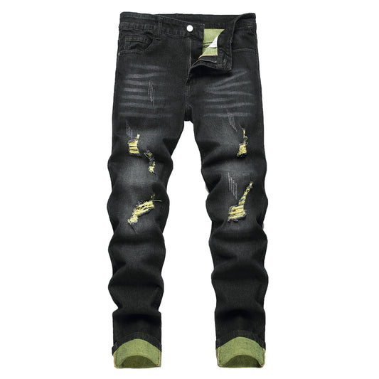 Men's Black Jeans Elastic Black Cattle Destroyed Jeans Long Pants For Casual Outings, Parties, And Dates 515-1