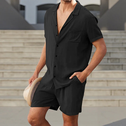 Men s Casual Two Piece Linen Outfit with Short Sleeve Button-up Shirt and Elastic Waist Shorts in Solid Color