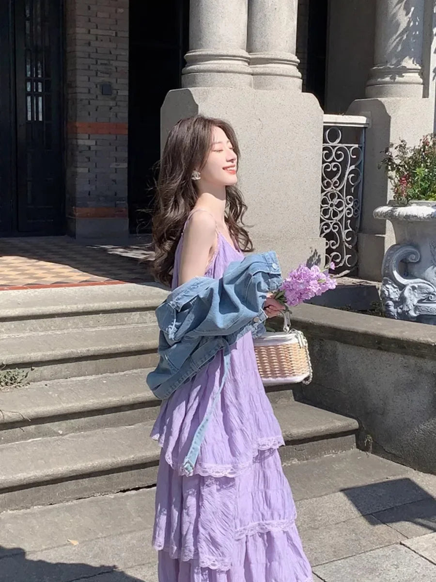 Summer  Long Vintage Casual Ruffles Elegant Maxi Strap Camis Silky Beach Lace Elegant Party Dress Vestidos Sexy Women