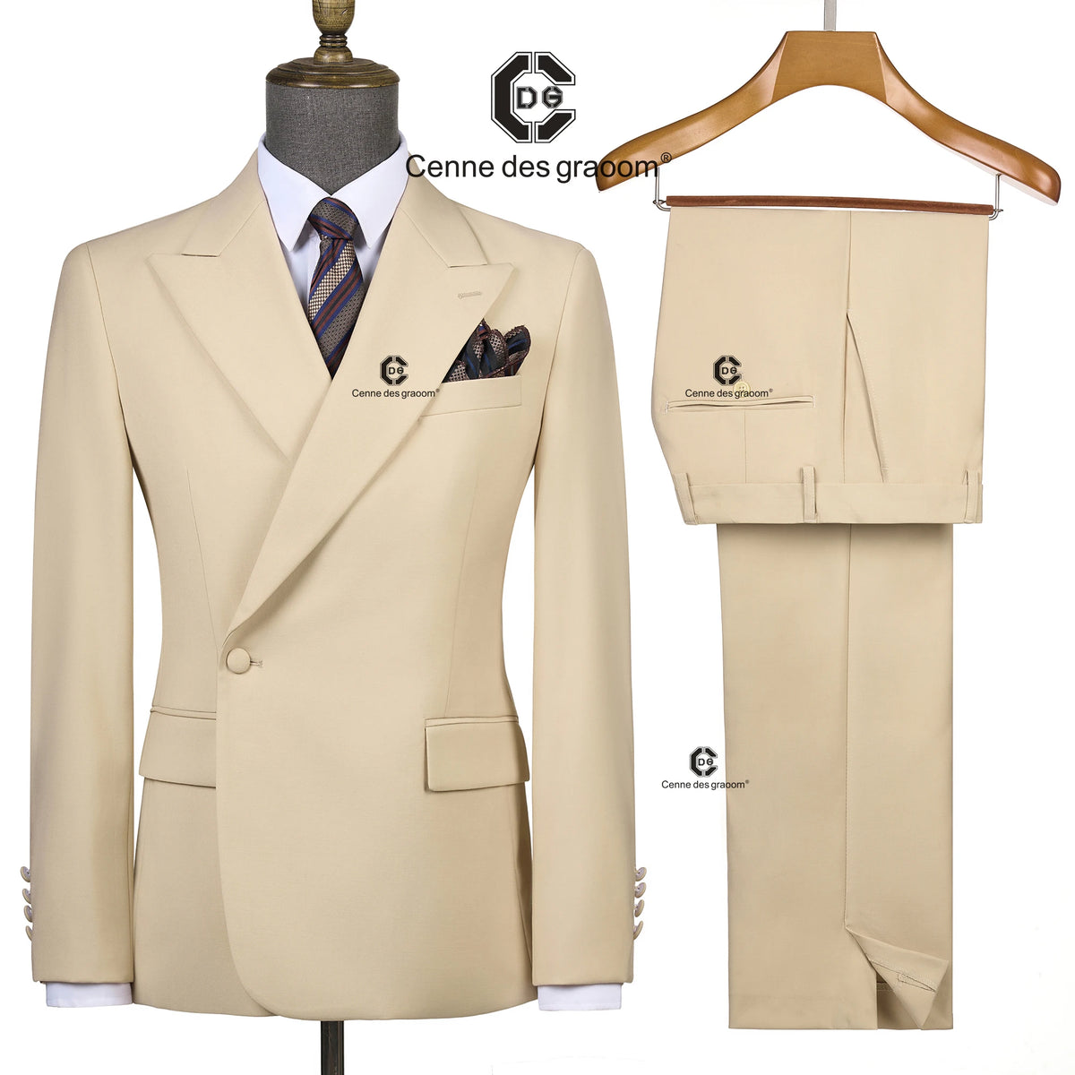 Cenne Des Graoom 2026 Beige Double Breasted 1 Button Men Suits With Peak Lapel Tailor-Made For Wedding Groom Meeting Office Wear