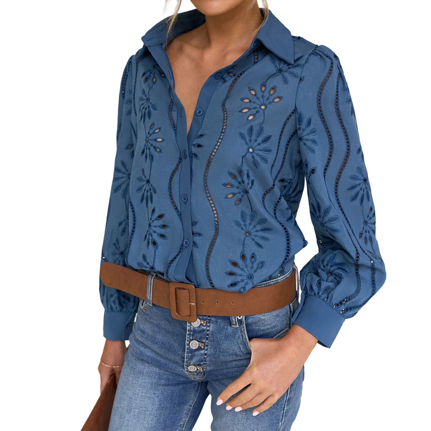 Stylish Women s Eyelet Blouse with Long Sleeves and Turn Down Collar in Solid Color Loose Fit Shirt for Fashionistas