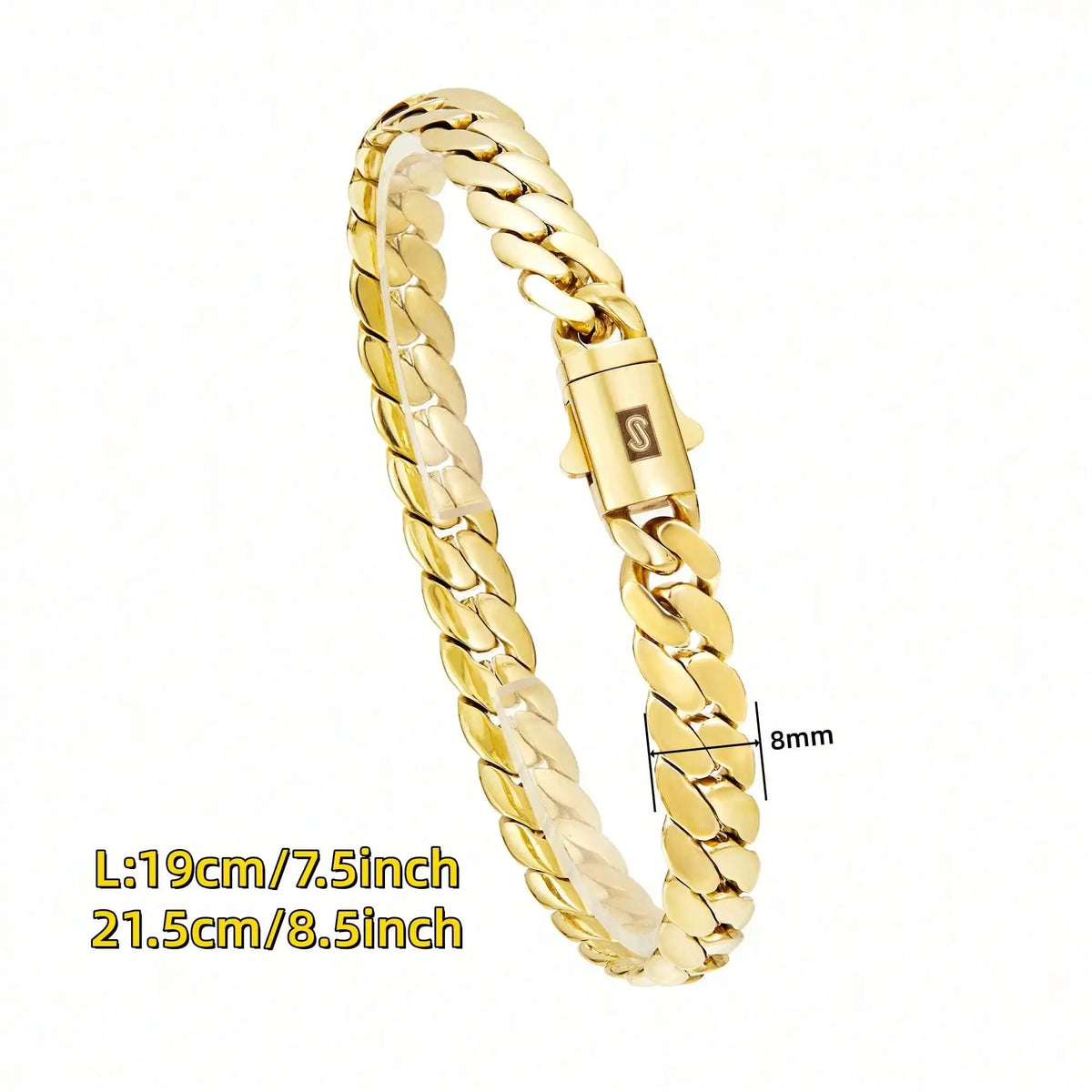 8mm Gold Color Stainless Steel Cuban Miami Link Chains Bracelet for Men Hip Hop Rapper Jewelry