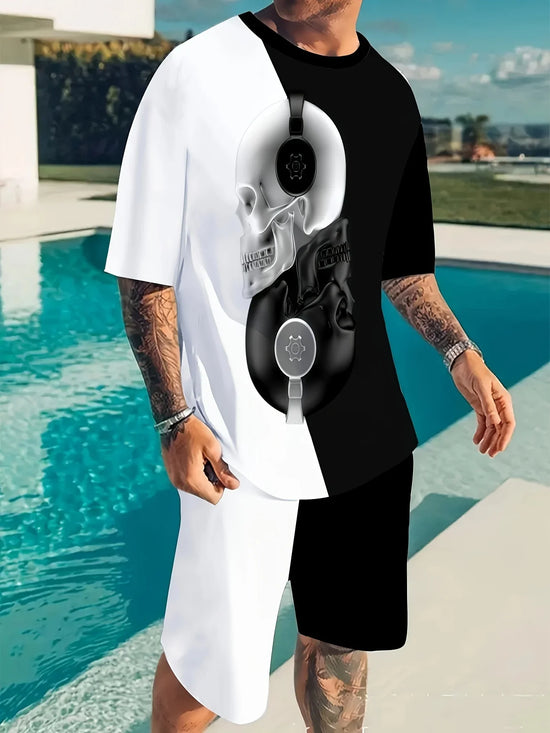 Skull Color Block Pattern Mens 2 Piece Outfits, Comfy T-shirt And Casual Shorts Set For Summer, Men&