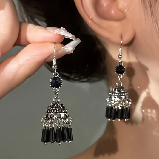 Chic Tassel Lantern Earrings - Exquisite Black Chandelier Drops, Dangling Ethnic Style Hooks, Hypoallergenic for Sensitive Skin