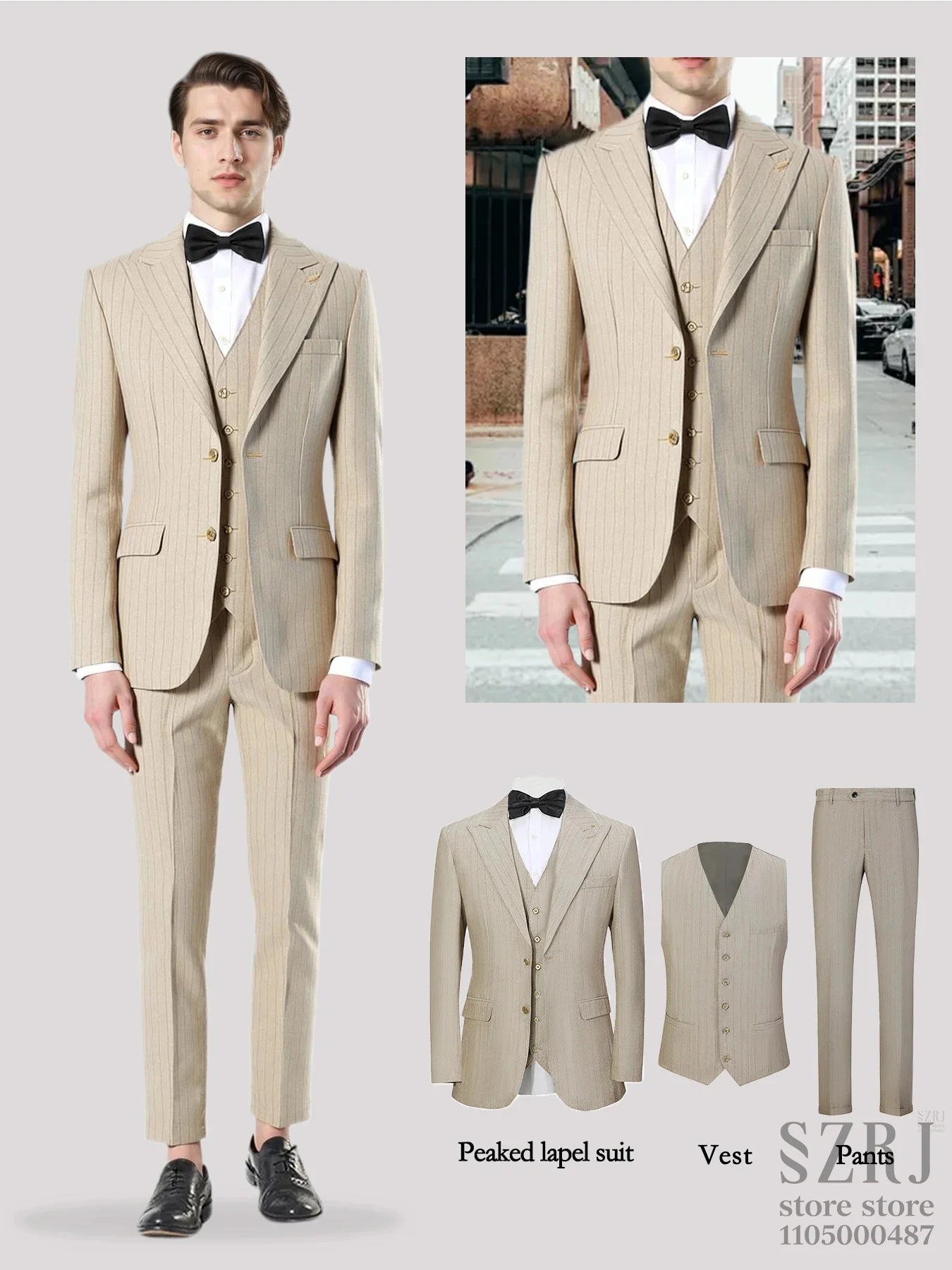 Men's Vertical Striped 3-Piece Suit - Two-Button Jacket+Vest+Pants for Wedding/Business/Daily Wear