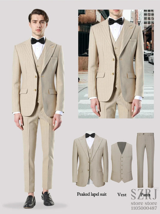 Men's Vertical Striped 3-Piece Suit - Two-Button Jacket+Vest+Pants for Wedding/Business/Daily Wear