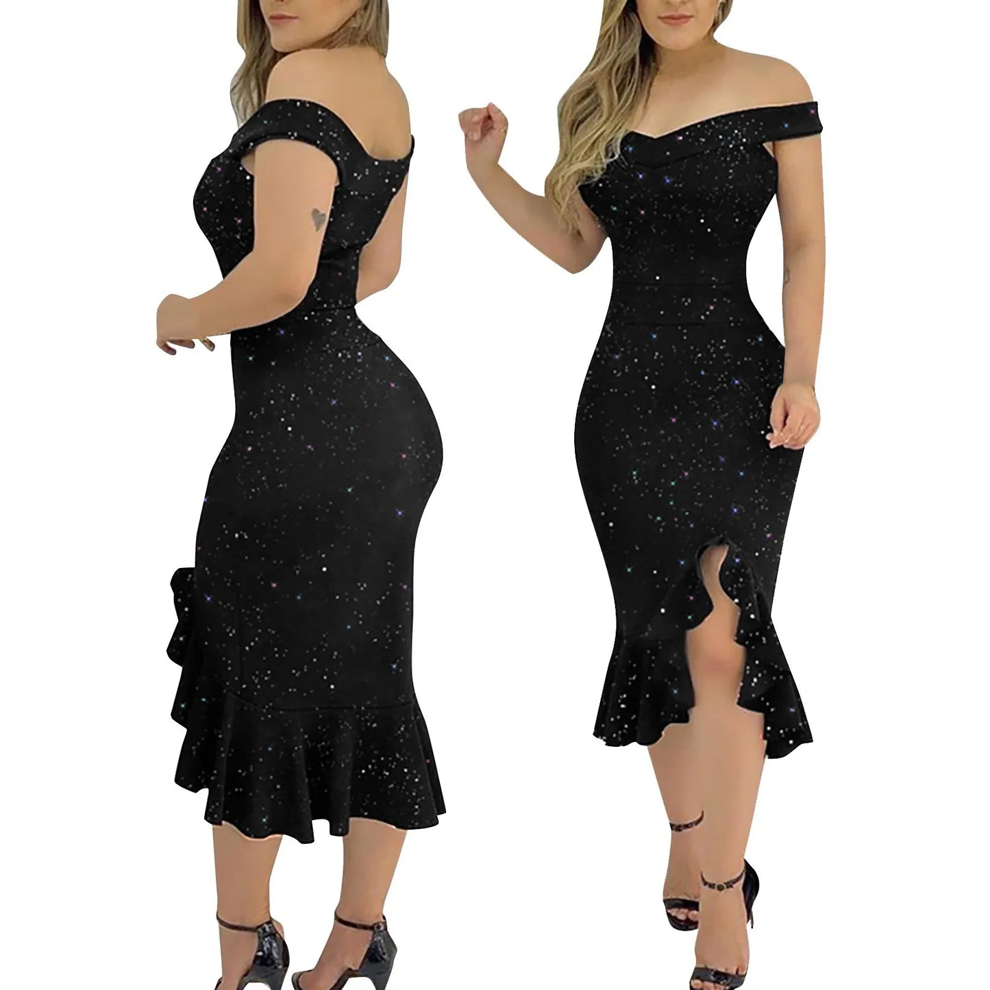 Women'S Fashion Sexy Summer Off Shoulder Short Sleeve Sequin Ruffle Irregular Dresses Elegant Women'S Dresses For Party Vestidos