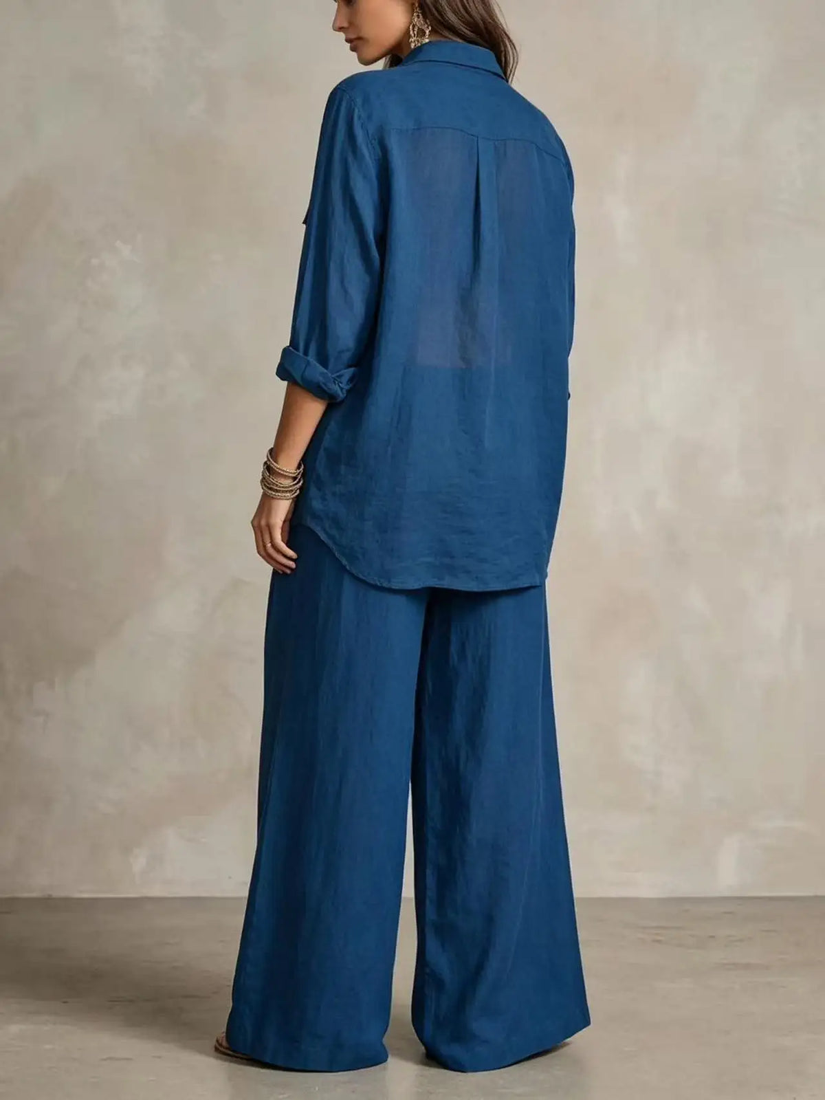 Women Linen Co Ord Set 2 Piece Outfit Long Sleeve Pocket Button Down Shirt High Waist Loose Wide Leg Trousers Boho Casual Vacati