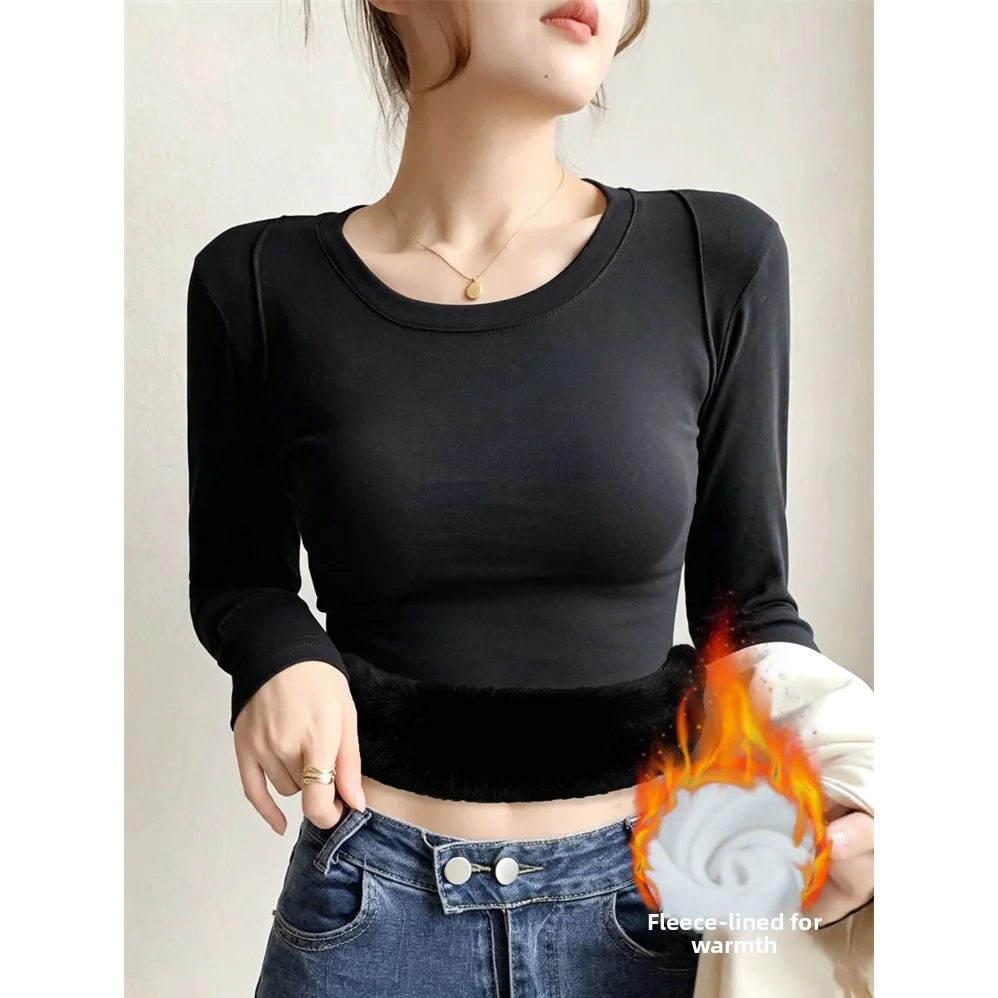 Women's Winter Thickened Long Sleeve Fleece Lined Base Shirt round Neck Warm Top Slim Fit Inner Wear Comfortable Thermal T-shirt