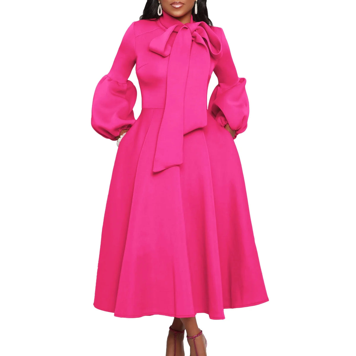Elegant Party Dresses for Women Luxury Woman 2024 Bow Collar Full Sleeve High Waisted Pleated Mid Calf Birthday Dinner Celebrate