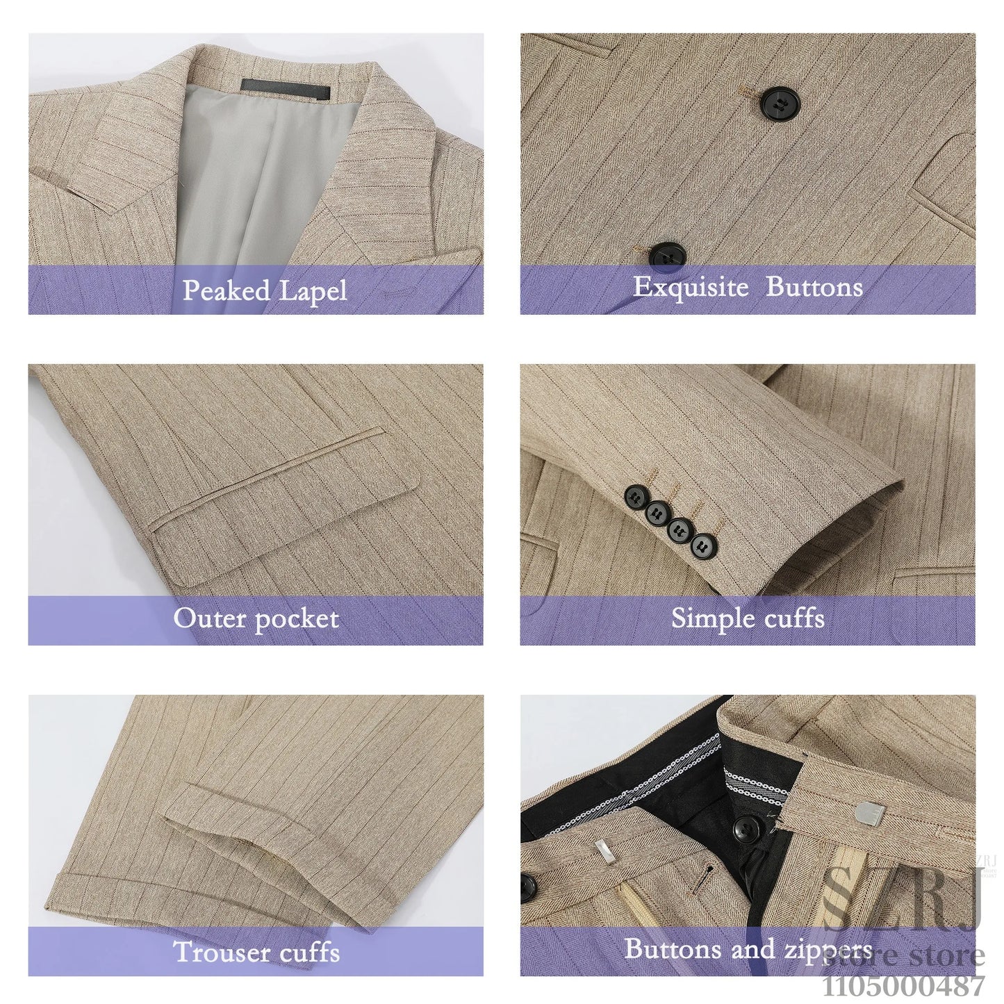 Men's Vertical Striped 3-Piece Suit - Two-Button Jacket+Vest+Pants for Wedding/Business/Daily Wear