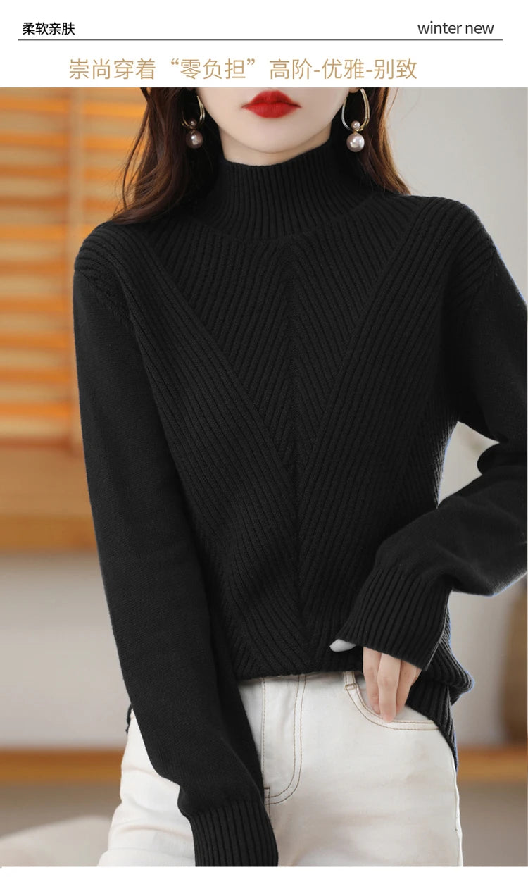 Women's 100% Pure Cotton Knitted Sweater Semi High Neck Solid Color Pullover Autumn and Winter Thick Casual Knitted Women's Top