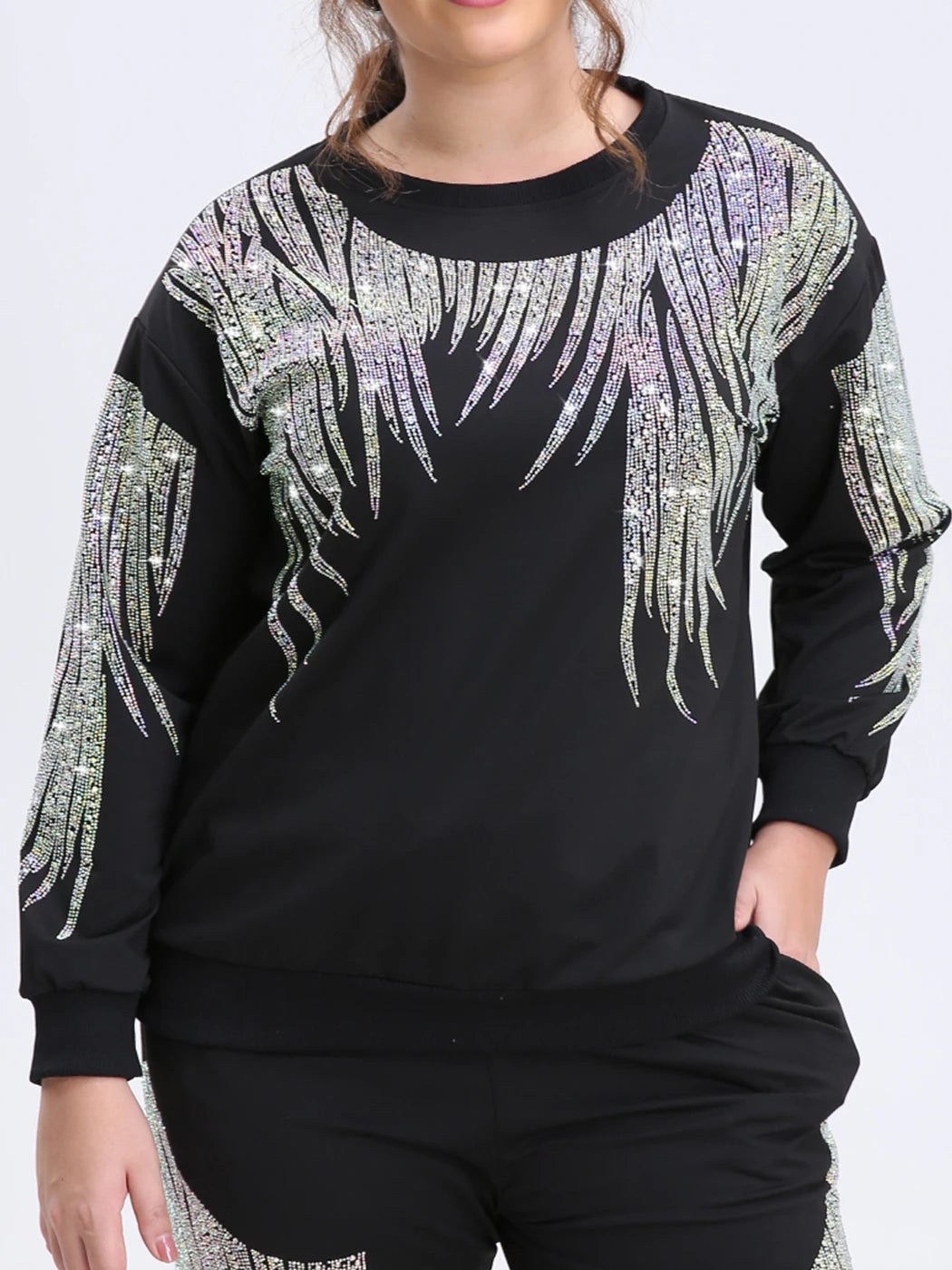 Plus Size Sweatshirt Sparkling Rhinestones Graphic Crew Neck Pullover Long Sleeve Top for Spring, Fall and Winter Casual
