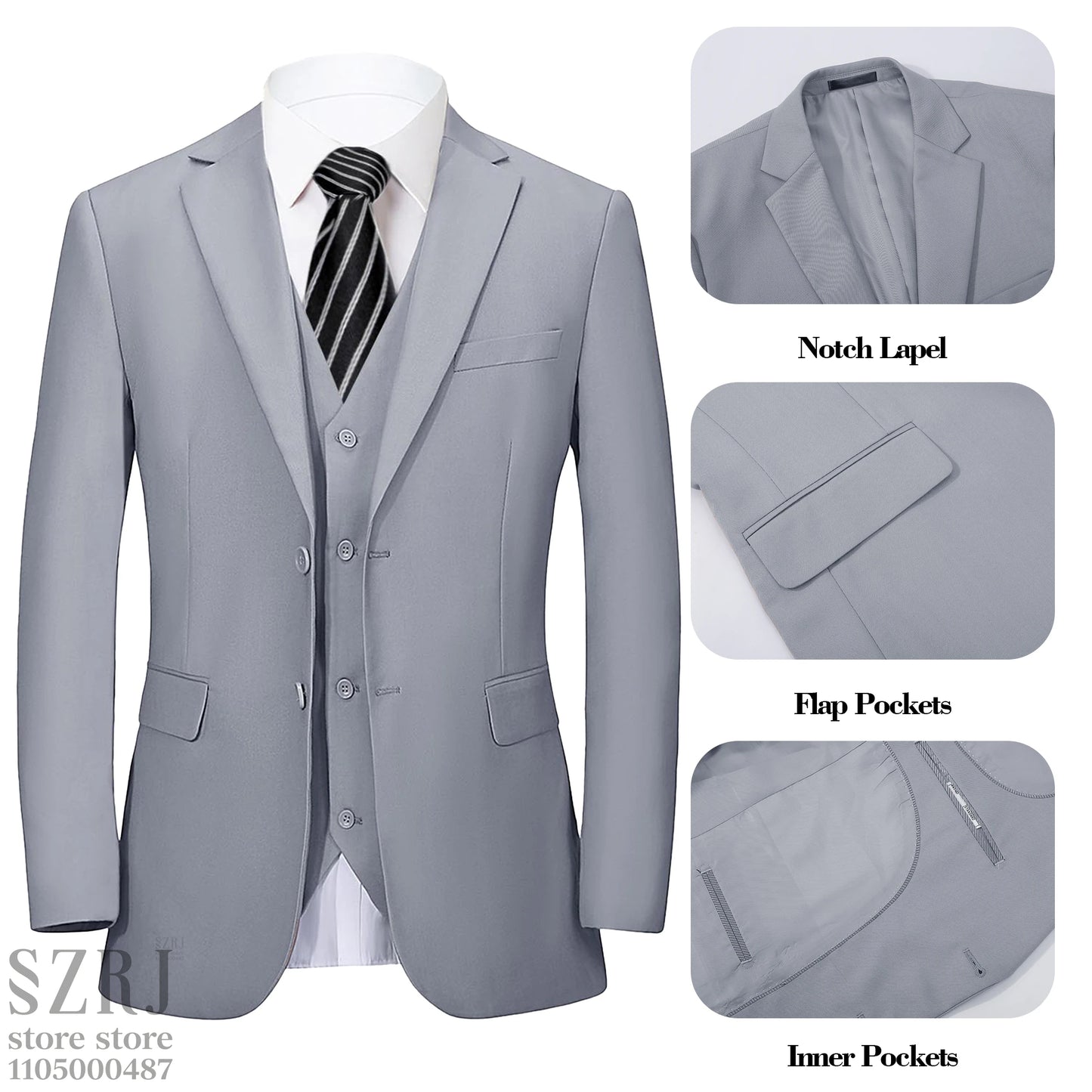 Men's 4-Piece Suit: Jacket+Vest+Pants+Blue Spotted Tie.Gentleman Style, Premium, Tailored. For Business, Parties, Weddings.