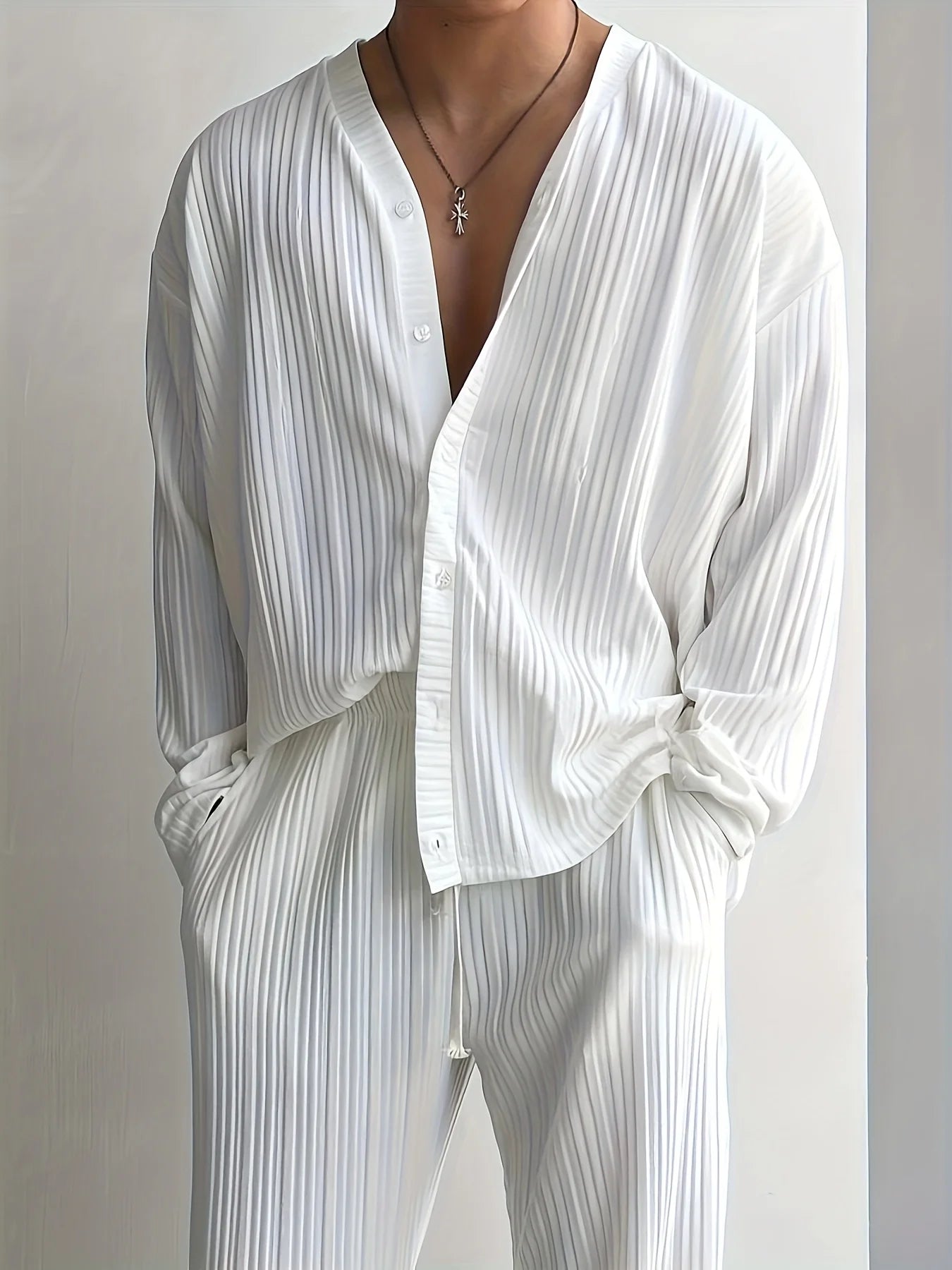 New men's commuter two-piece set, casual button-down shirt long sleeve pants cool men's summer suit - the best choice for casual