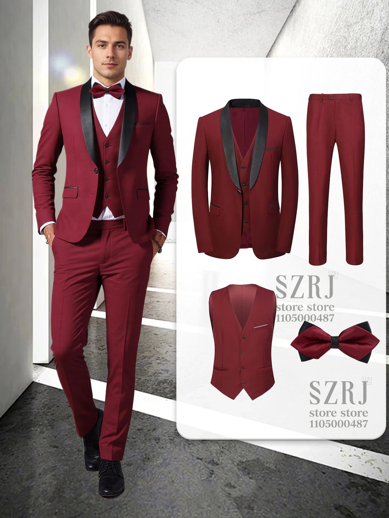 Men's 4-Piece Formal Suit: Jacket + Vest + Pants + Bow Tie, Shawl Collar, 1-Button, Flap Pockets, Wedding/Party