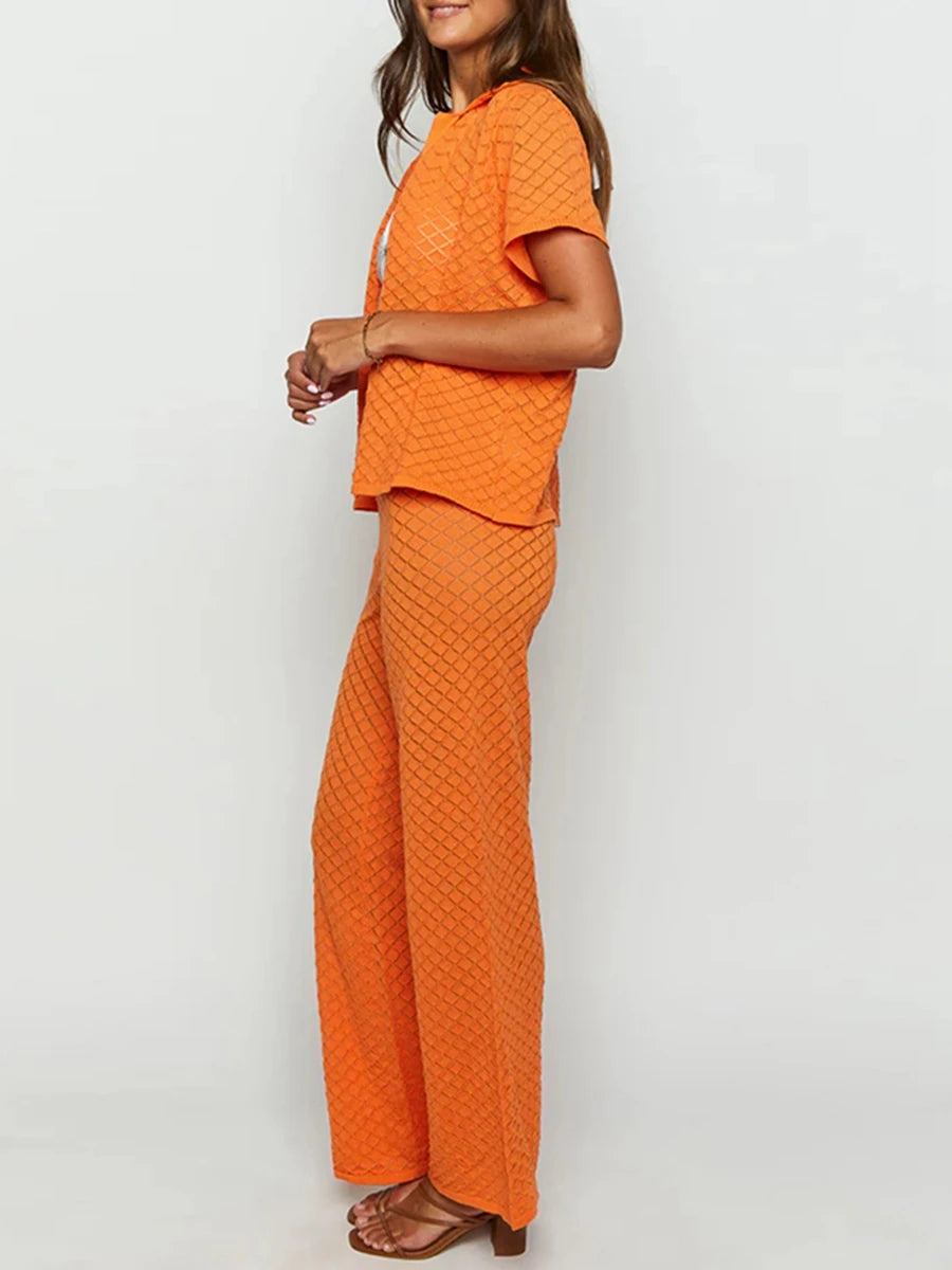 Women s 2 Piece Knit Set Lapel Neck Short Sleeve Button Down Tops Elastic Waist Wide Leg Pants Solid Color Outfits for Summer