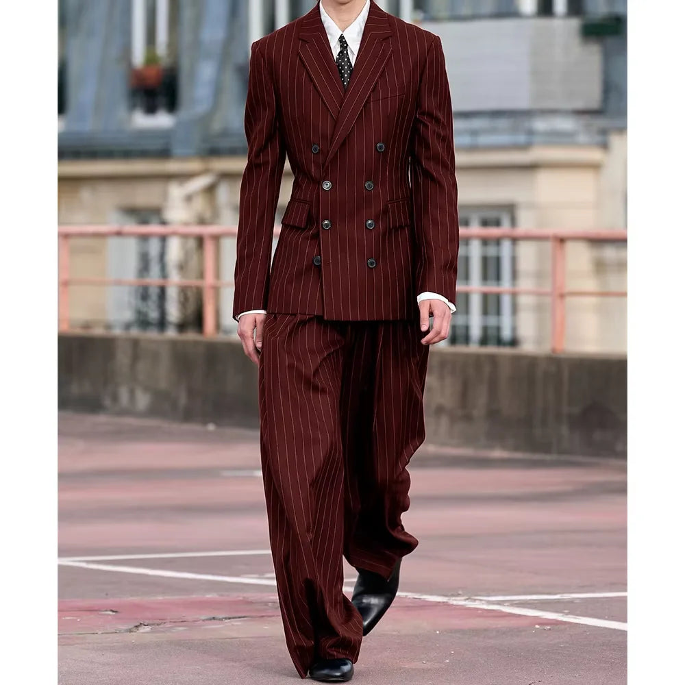 Men's Brown Pinstripe Suit 2 Piece Double Breasted Slim Fit Notch Lapel Jacket Wide Leg Pants Formal Set Business Wedding Outfit