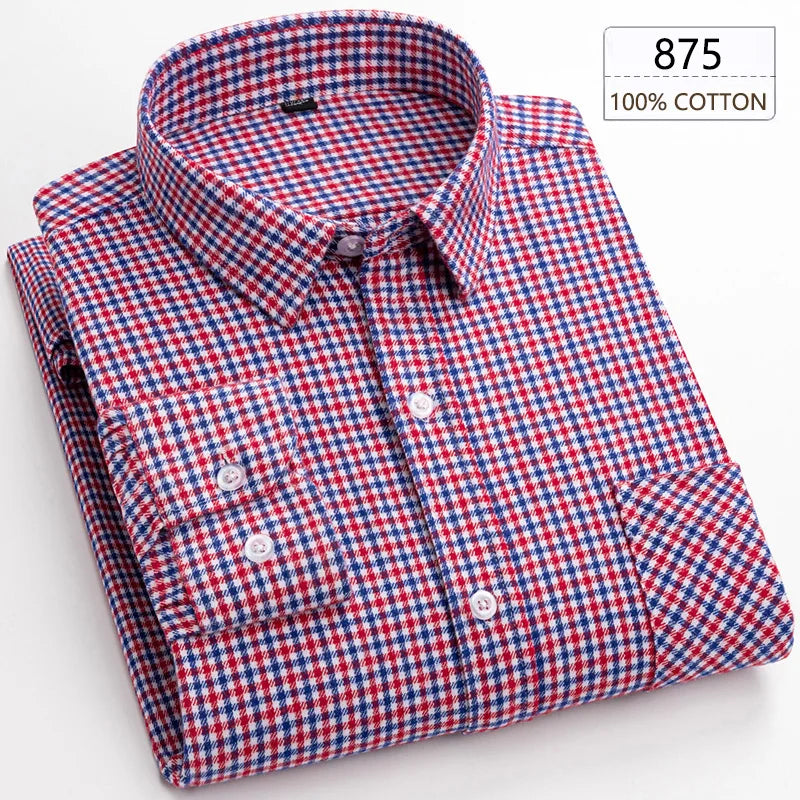 New Spring Long Sleeve Plaid Shirts For Men 100% Cotton Flannel Plus Size Easy Care Comfortable Top Casual Smart Dress Shirts