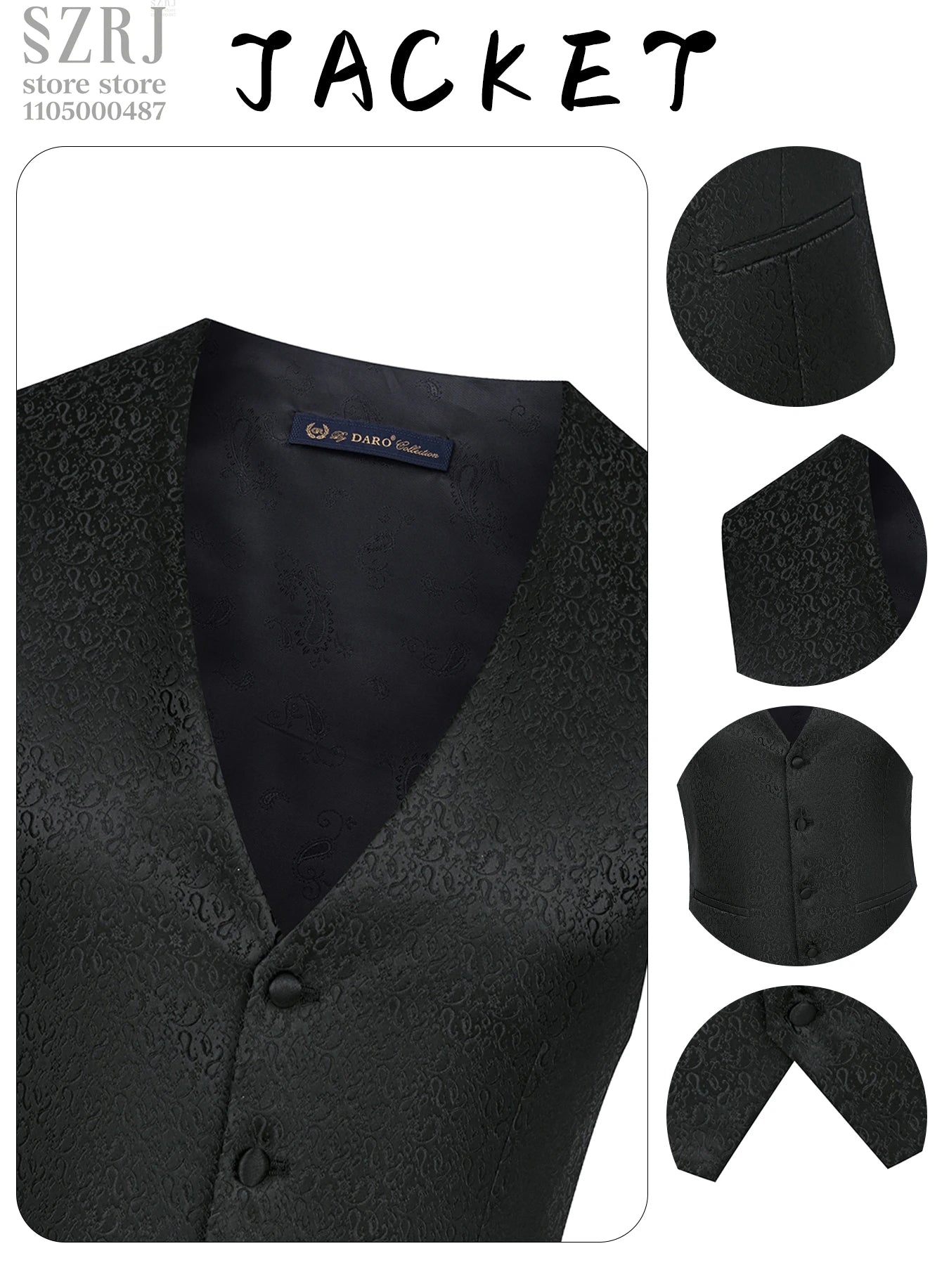 Men's 3pcs Floral Tuxedo Suit: Stand Collar, Double-Breasted Vest & Pants - Wedding/Party/Performance