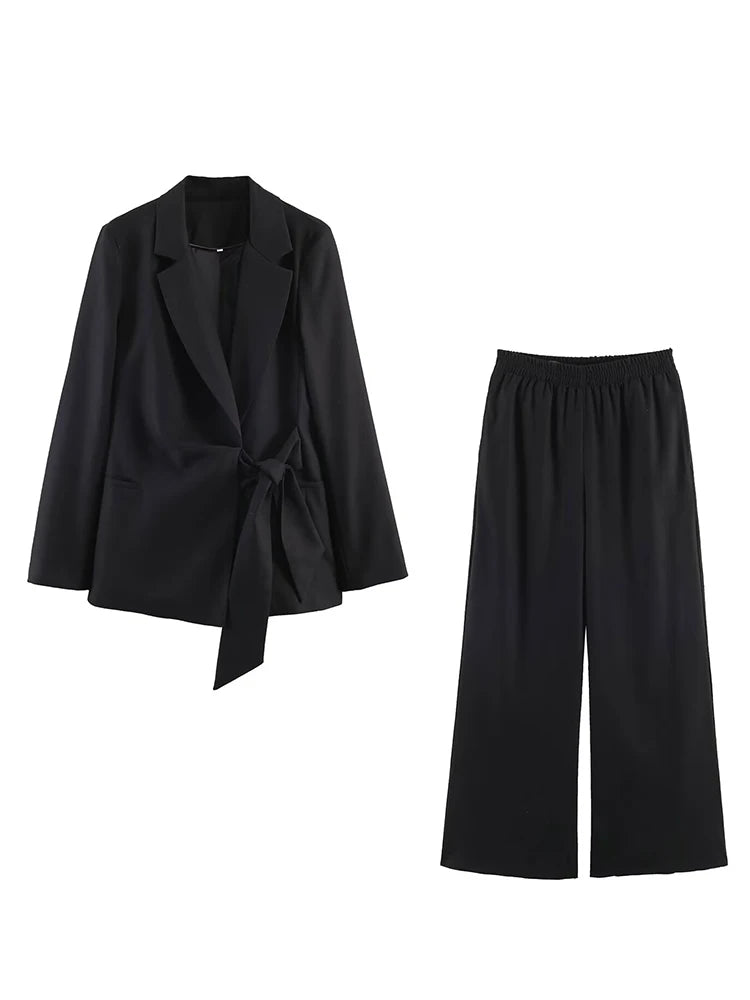 Fashion Office Ladies Blazer Pants Suit Elegant Formal Slim Lace Up Jacket Straight Trouser Lady Commuting Wear 2 Piece Set