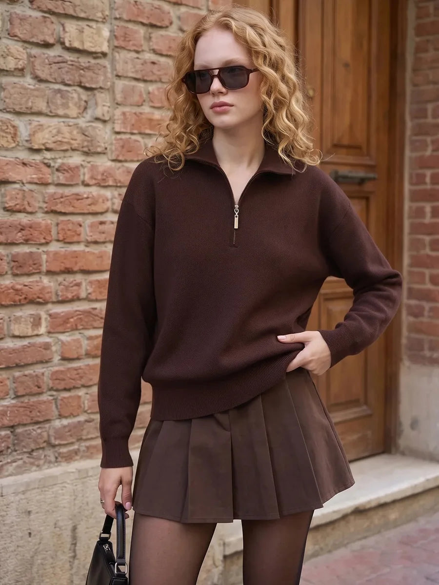 Red Zip Up Sweater Women Brown Oversized Winter Autumn Pullovers Half Zip Thick White Turtleneck Sweater With Zipper Women Warm