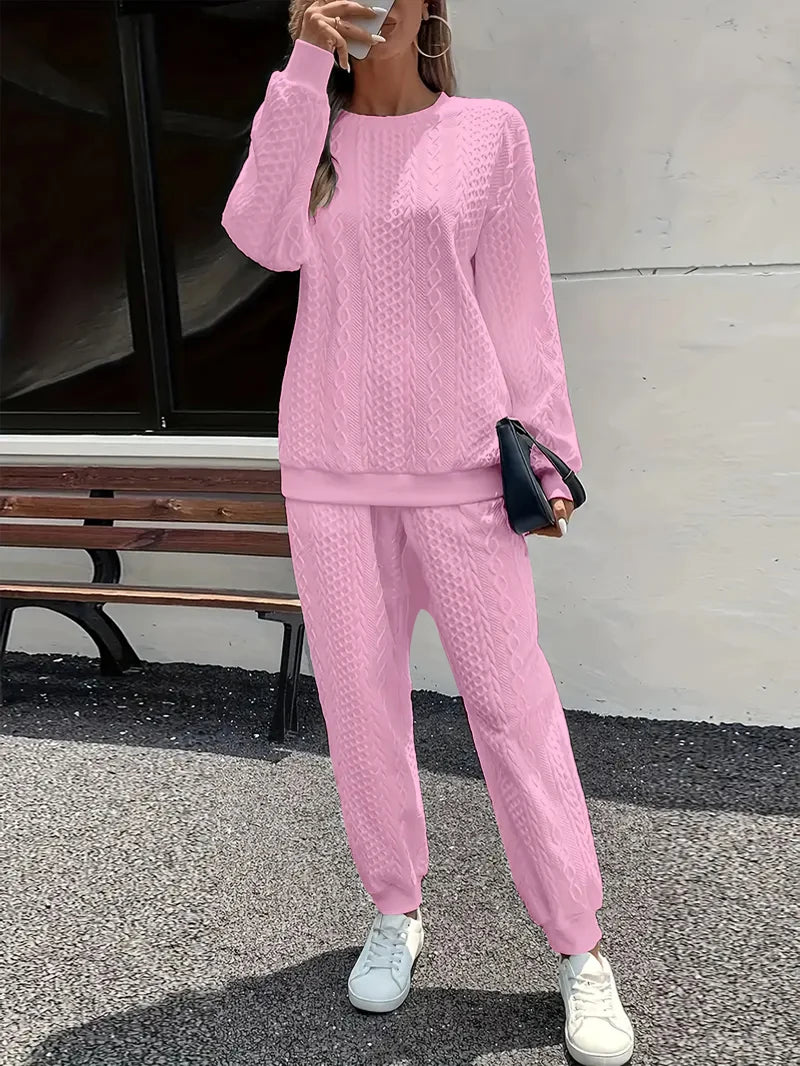 Plus Size Women's Twist Knit Textured Home Two-Piece Set, Comfortable Outfit for Autumn and Winter Casual Fashion Wear