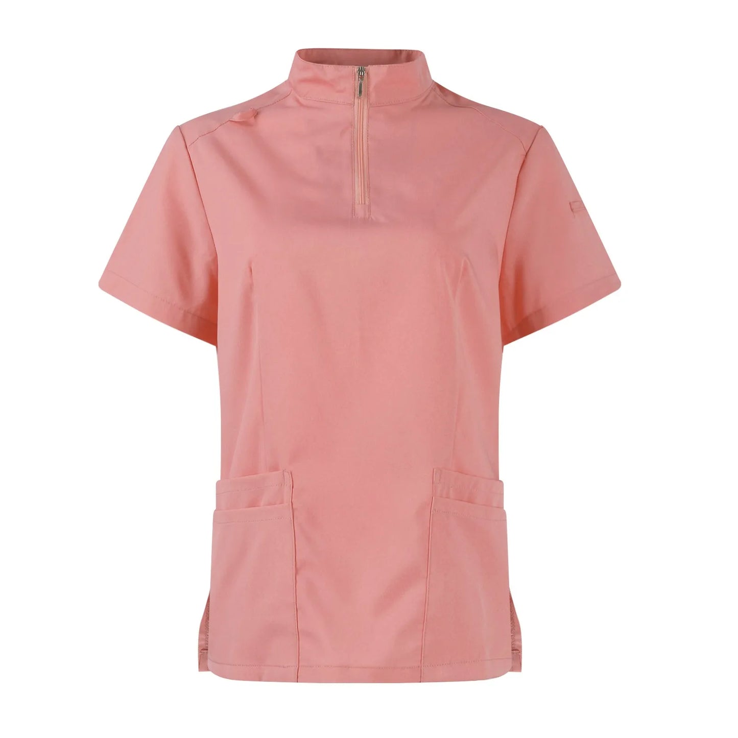 Women Two-Piece Set Solid Color Stand-Up Collar Short-Sleeve Top With Zipper Pocket And Matching Pants Professional Workwear