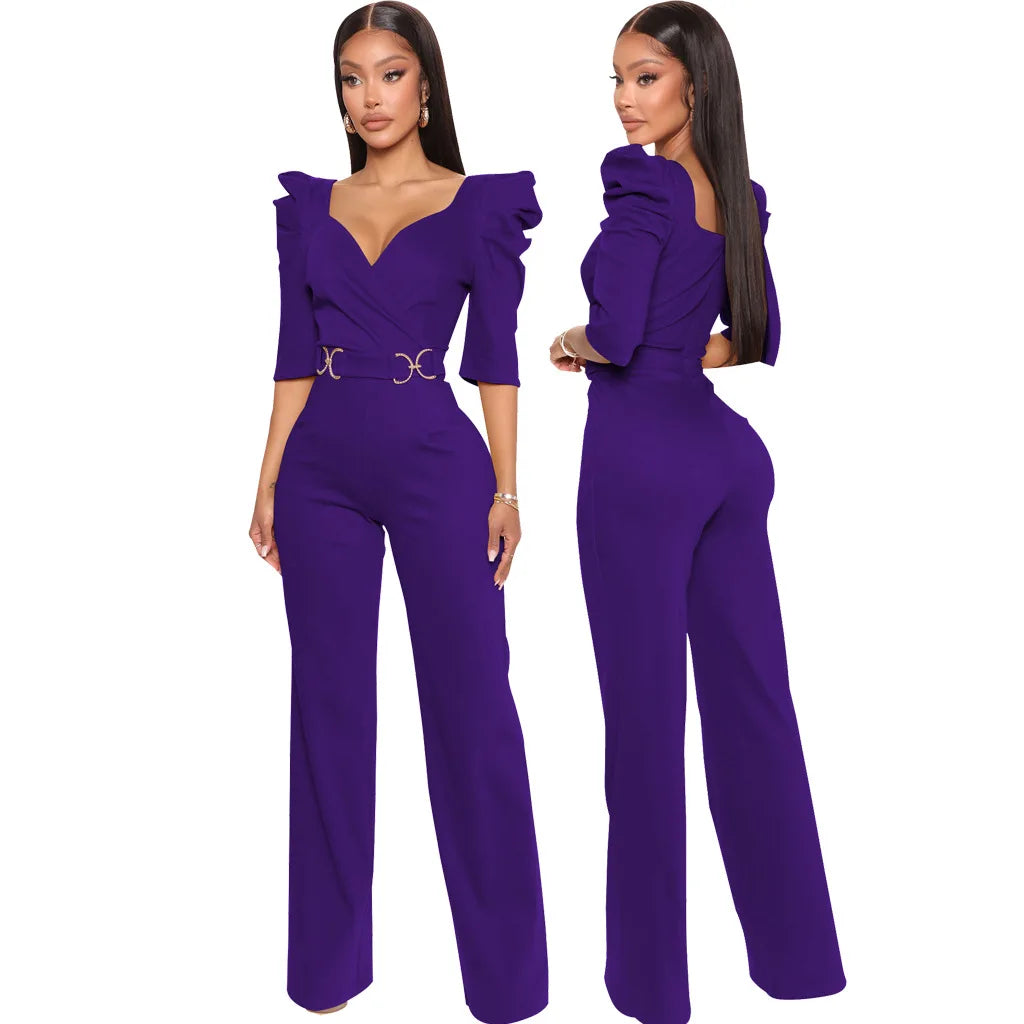 Sexy fashion solid color seven-quarter sleeve V-neck women's jumpsuit SMR10805