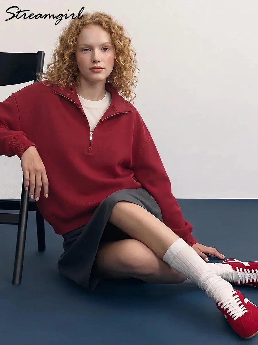 Red Zip Up Sweater Women Brown Oversized Winter Autumn Pullovers Half Zip Thick White Turtleneck Sweater With Zipper Women Warm