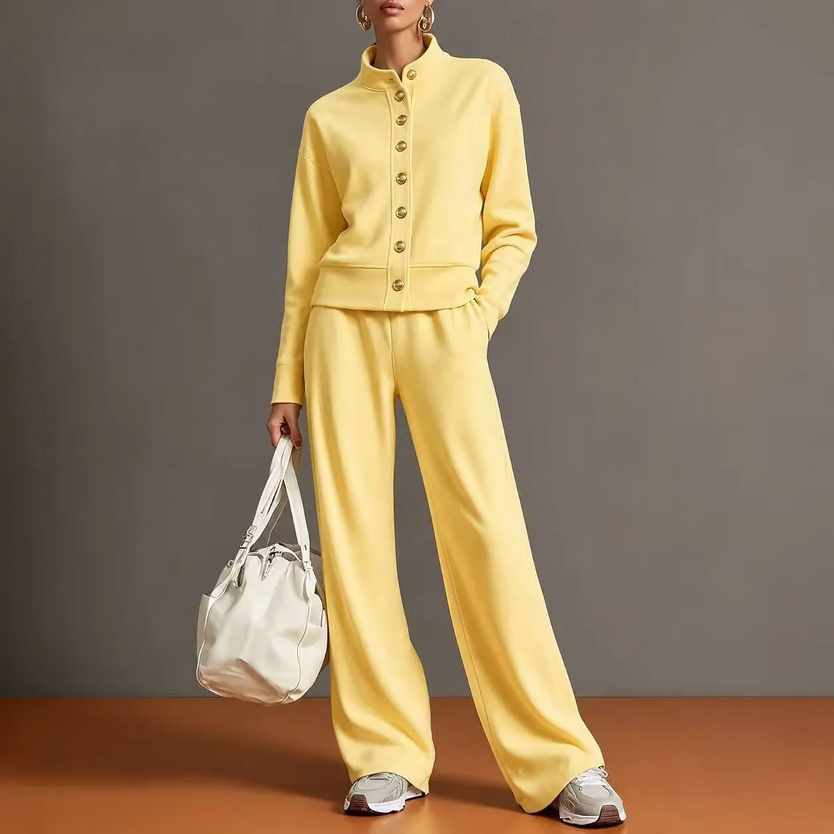Women 2Pcs Outfit Set Stand Collar Button Sweatshirt Wide Leg Pants Casual Loose Tracksuit Loungewear for Daily Street & Holiday