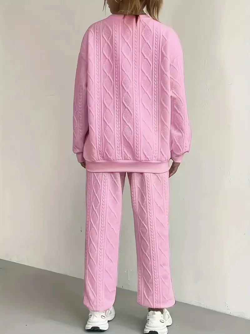 Plus Size Women's Twist Knit Textured Home Two-Piece Set, Comfortable Outfit for Autumn and Winter Casual Fashion Wear