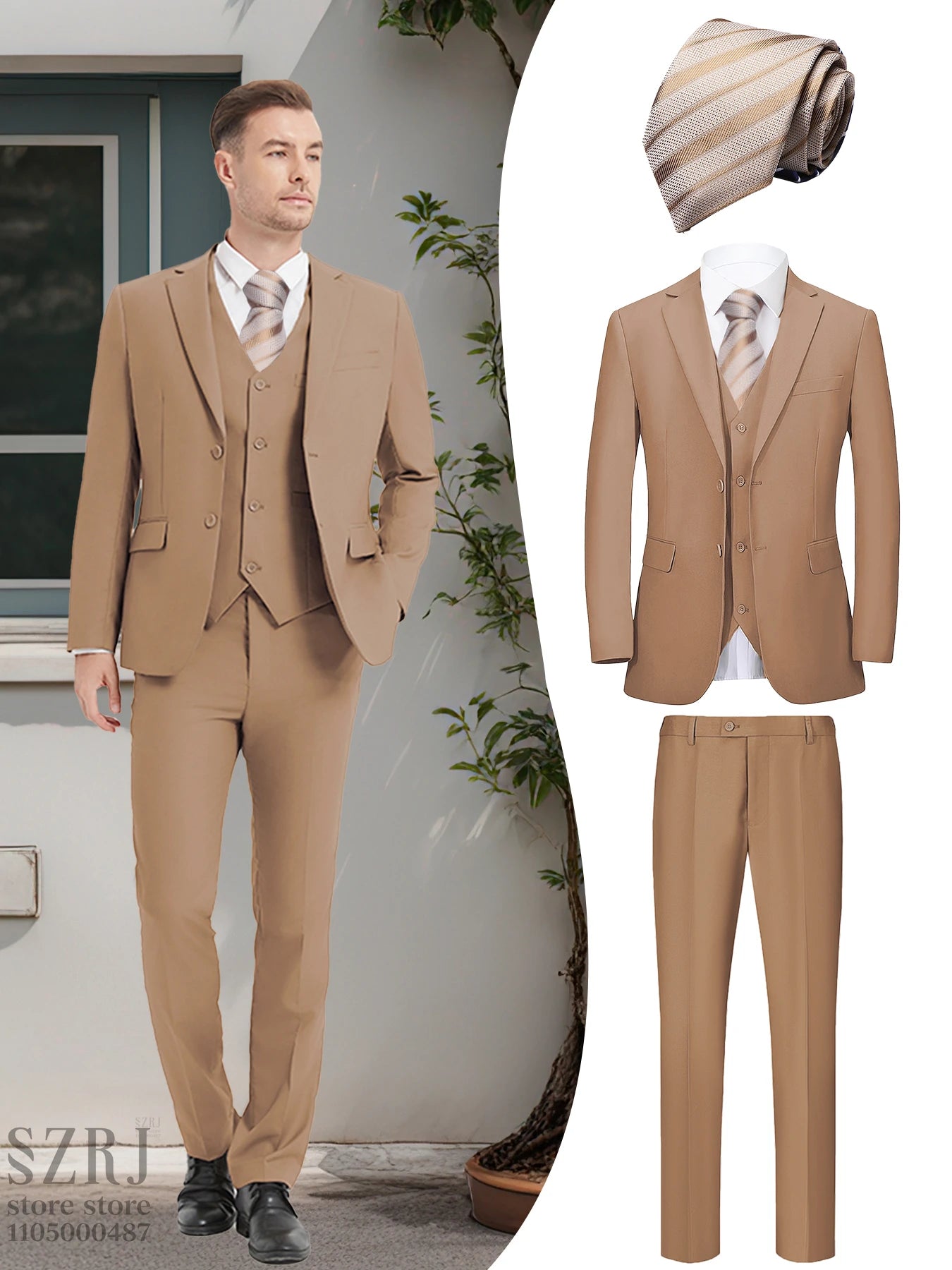 Men's 4-Piece Suit: Jacket+Vest+Pants+golden Tie. V-Neck, Gentleman Style, Premium, Tailored. For Business, Parties, Weddings.