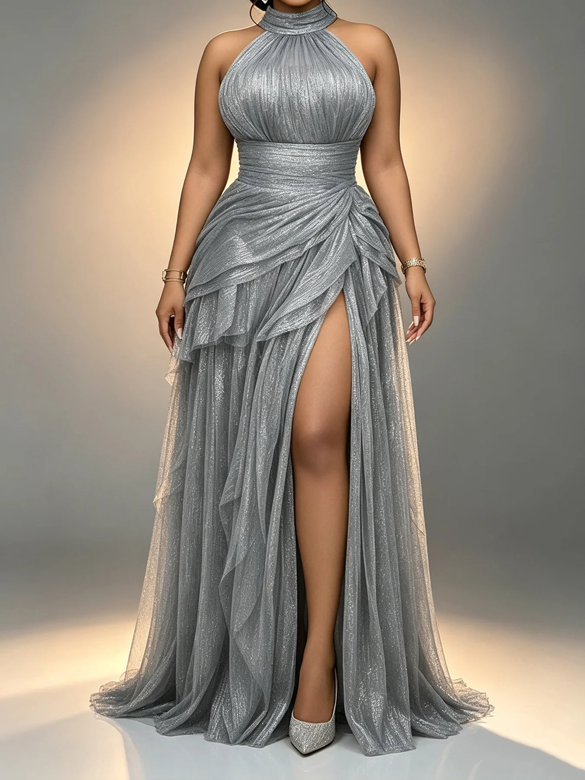 Plus Size Women Tulle Evening Dress Halter Neck Sleeveless Ruched High Slit Ruffled A-Line Formal Party Wedding Guest Dresses